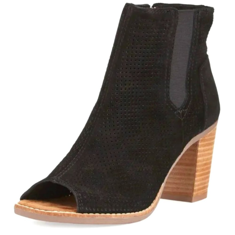 TOMS. Majorca Ankle Boots, 7W, Open Toe, Perforated Suede Leather, Black
